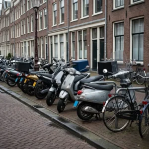 Geparkeerde scooters en bromfietsen in een Nederlandse straat als illustratie van nieuwe CBS-cijfers over 2026