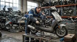 Monteur demonteert een scooter in een werkplaats voor voertuigrecycling