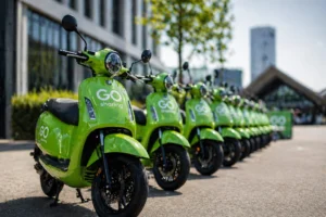 Rijen groene elektrische deelscooters opgeslagen op een industrieterrein in Nederland na faillissement
