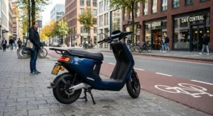 Elektrische scooter geparkeerd in stad als voorbeeld van overstap naar elektrisch rijden