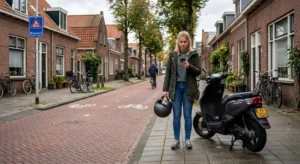 Jongere met scooter en helm op Nederlandse straat kijkt op telefoon naast geparkeerde scooter