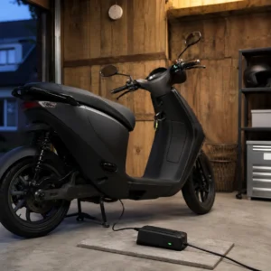 Elektrische scooter wordt veilig opgeladen in een schuur