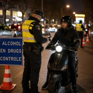 Politieagent controleert ’s avonds een scooterrijder tijdens een alcohol- en drugscontrole op een natte stedelijke weg in Nederland.